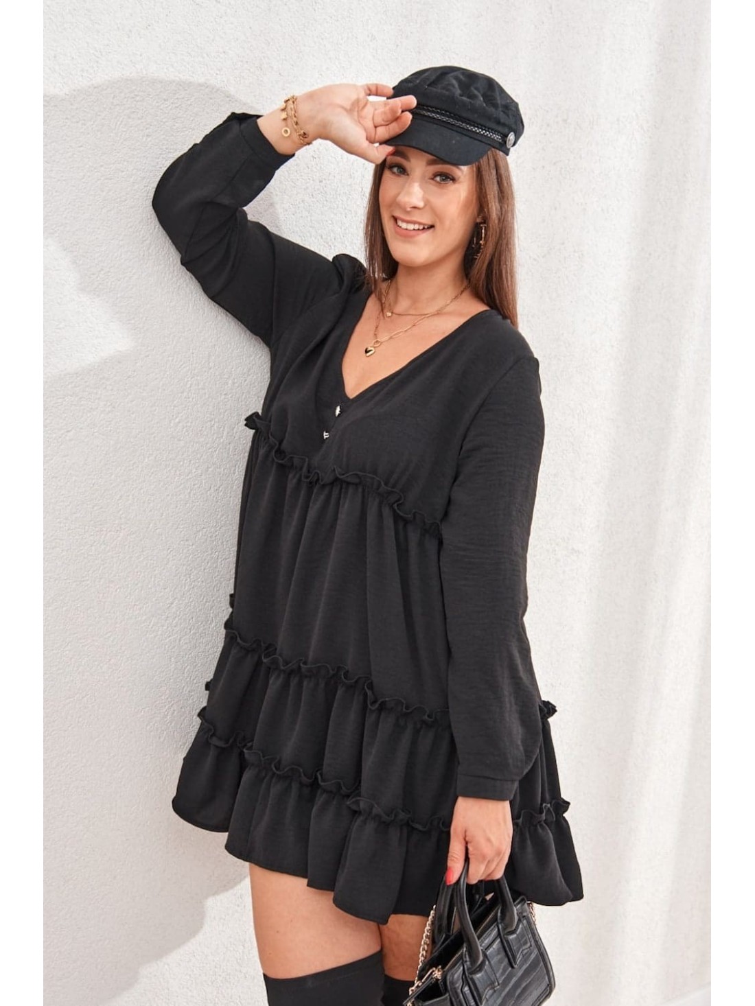 Loose-cut dress with ruffles, black 0544 - Online store - Boutique